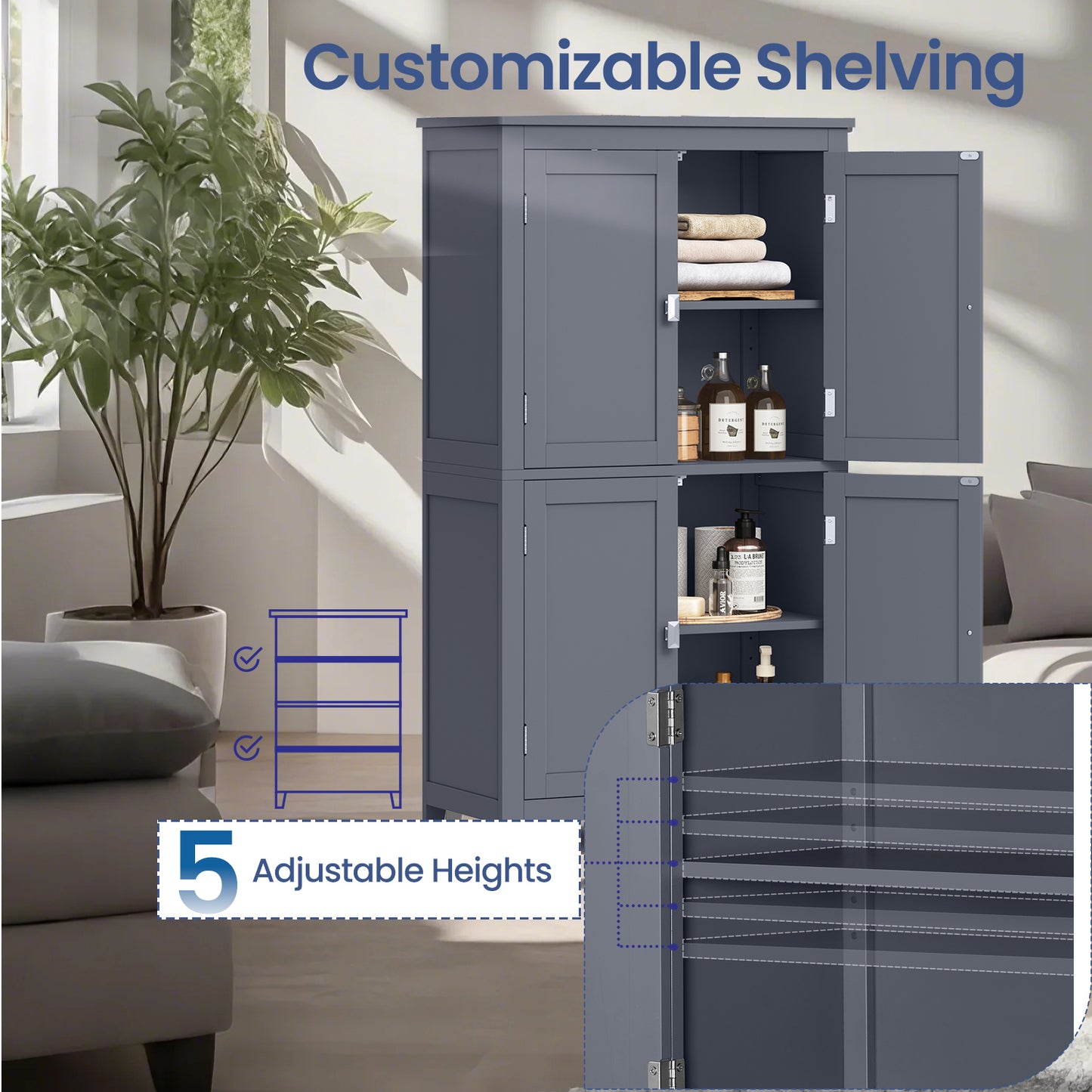 Freestanding Bathroom Storage Cabinet with 4 Doors & 5-Position Adjustable Shelves, Spacious Floor Organizer for Towels & Toiletries, Slate Gray