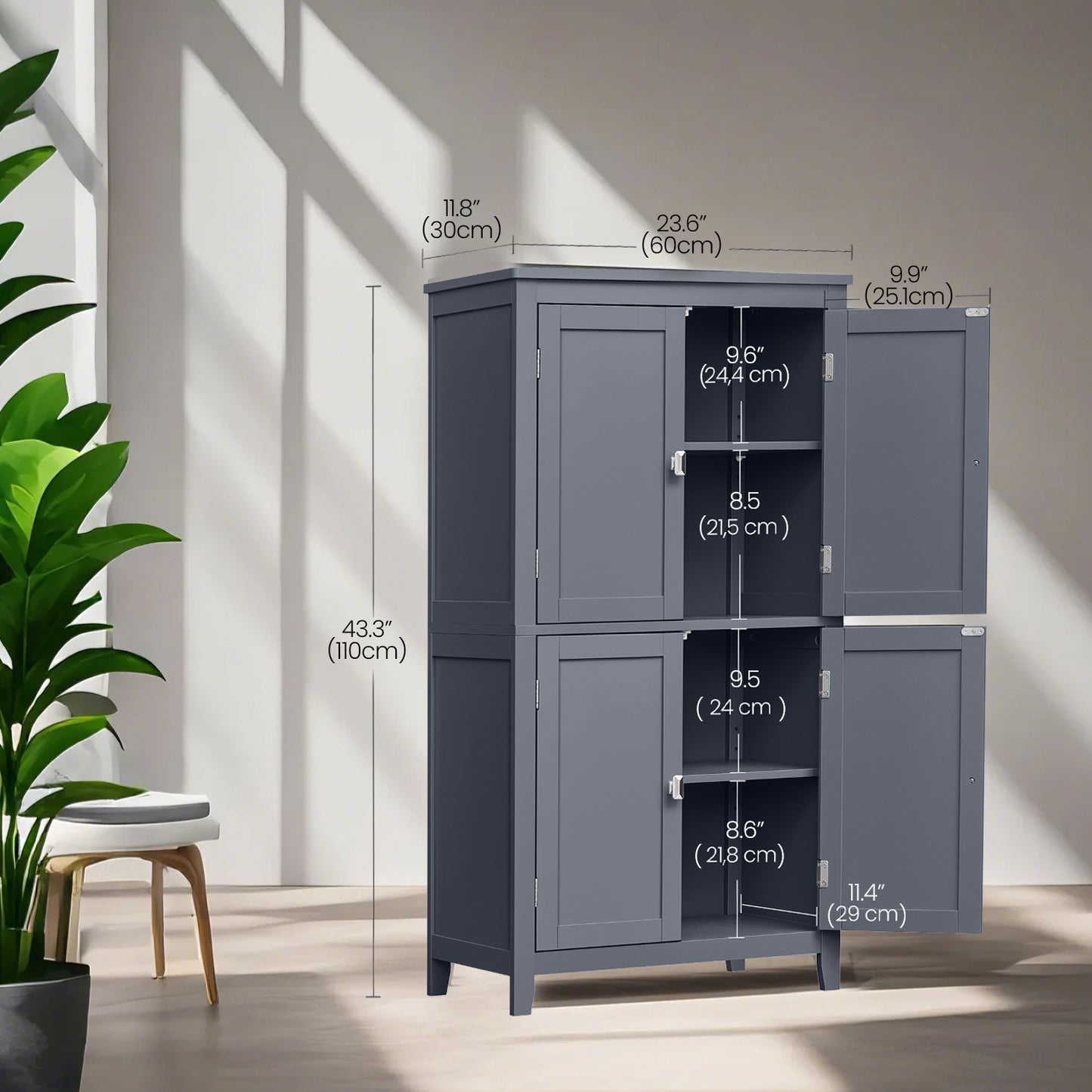 Freestanding Bathroom Storage Cabinet with 4 Doors & 5-Position Adjustable Shelves, Spacious Floor Organizer for Towels & Toiletries, Slate Gray