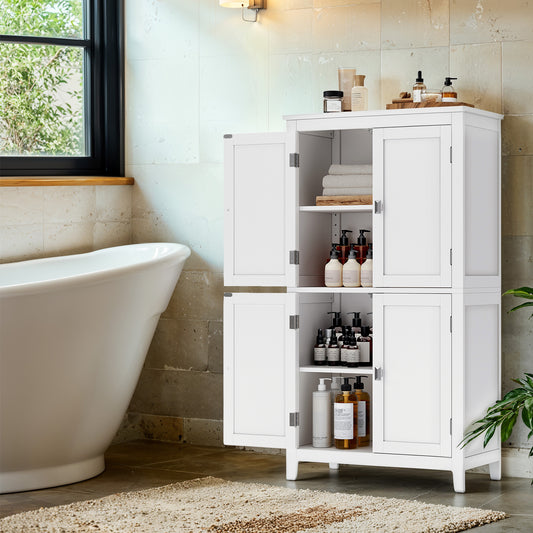 Freestanding Bathroom Storage Cabinet with 4 Doors & Adjustable Shelves, MDF Floor Cabinet for Towels & Cosmetics, White