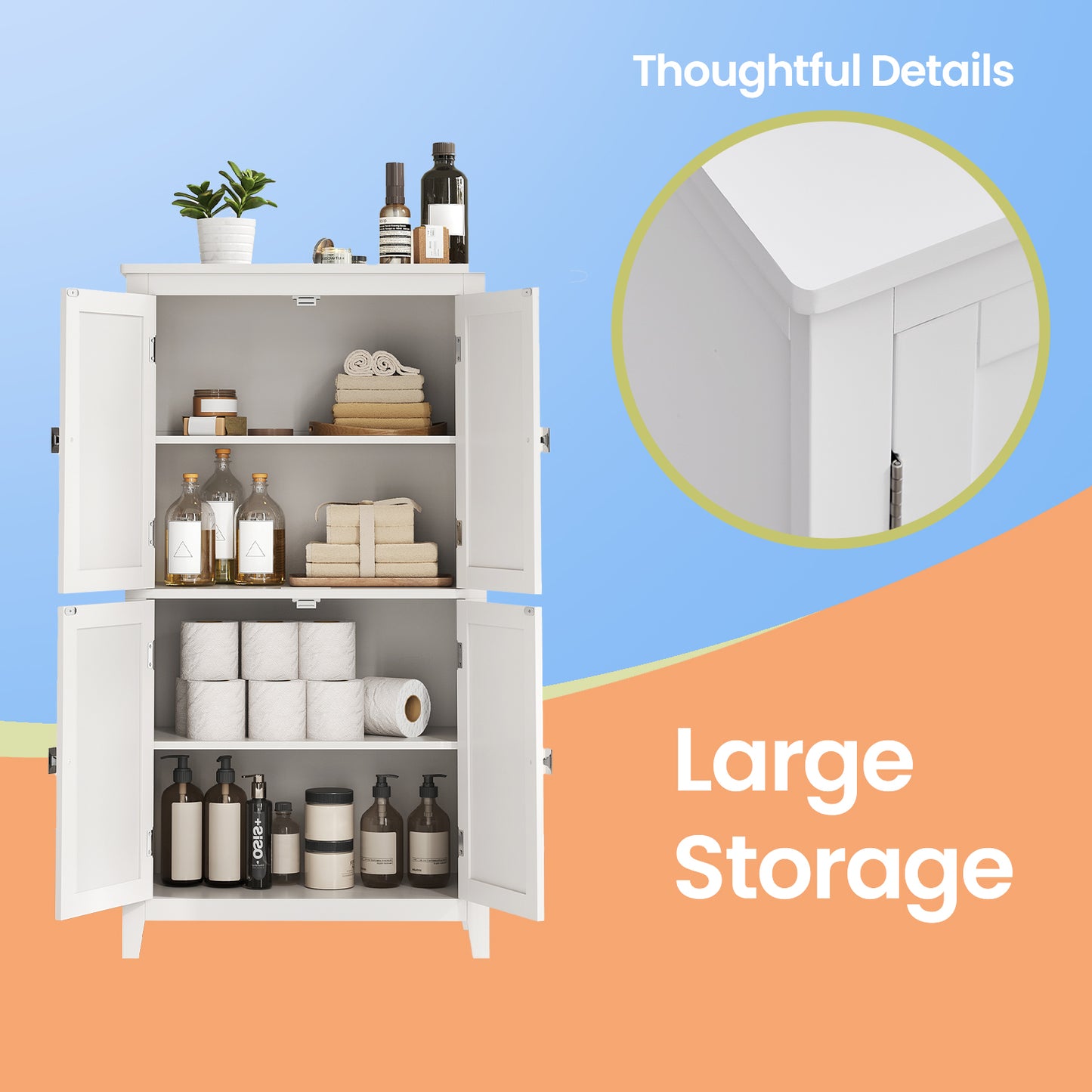 Freestanding Bathroom Storage Cabinet with 4 Doors & Adjustable Shelves, MDF Floor Cabinet for Towels & Cosmetics, White