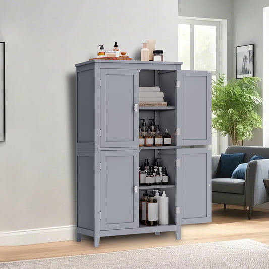 Freestanding Bathroom Storage Cabinet with 4 Doors & 5-Position Adjustable Shelves, Spacious Organizer for Towels & Toiletries, Mystic Gray