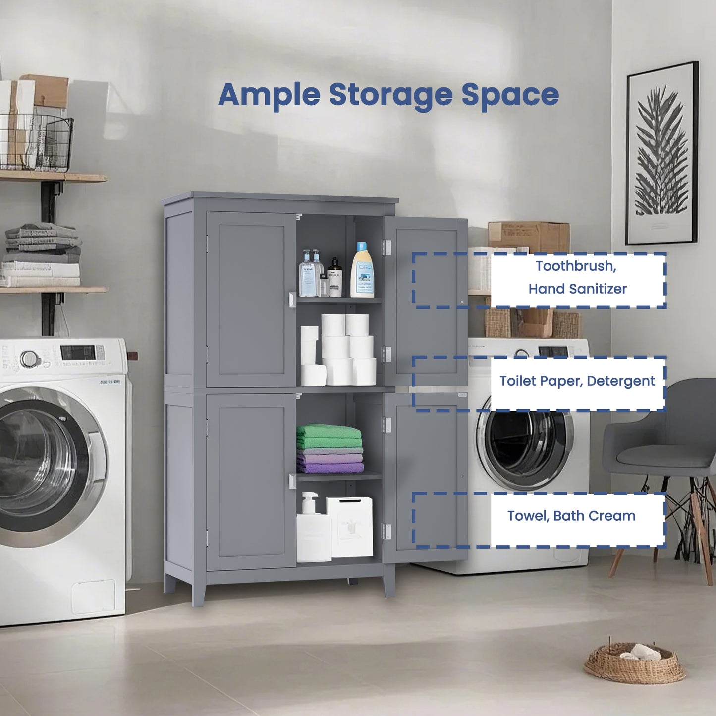 Freestanding Bathroom Storage Cabinet with 4 Doors & 5-Position Adjustable Shelves, Spacious Organizer for Towels & Toiletries, Mystic Gray