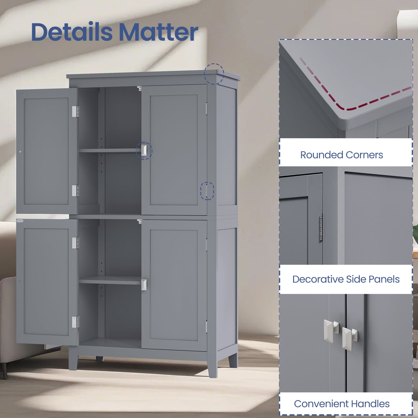 Freestanding Bathroom Storage Cabinet with 4 Doors & 5-Position Adjustable Shelves, Spacious Organizer for Towels & Toiletries, Mystic Gray