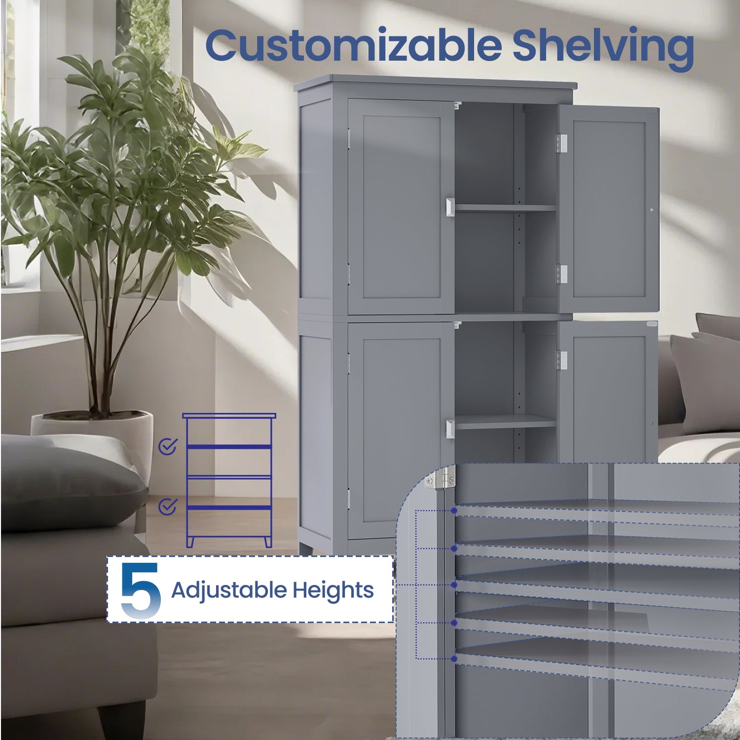 Freestanding Bathroom Storage Cabinet with 4 Doors & 5-Position Adjustable Shelves, Spacious Organizer for Towels & Toiletries, Mystic Gray