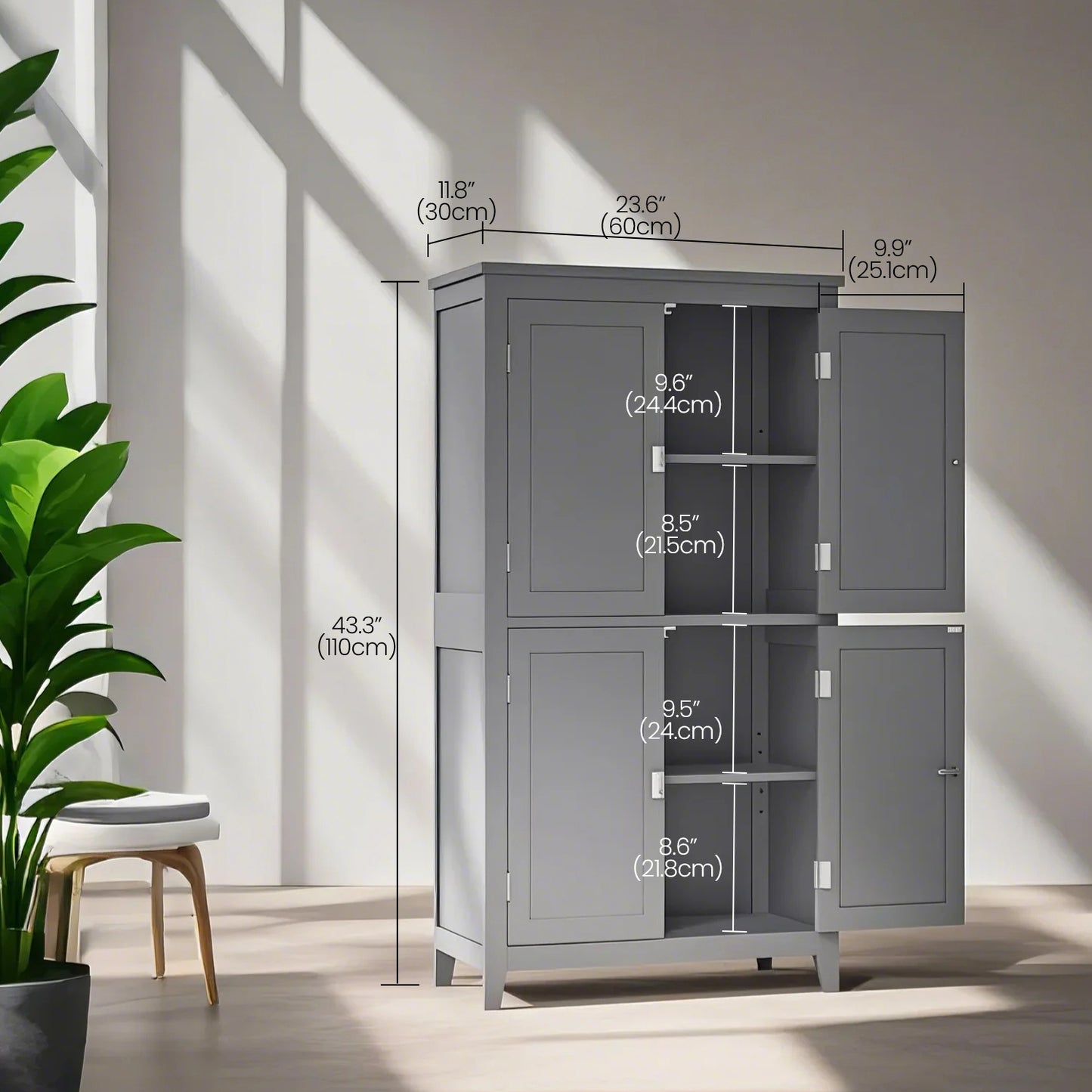 Freestanding Bathroom Storage Cabinet with 4 Doors & 5-Position Adjustable Shelves, Spacious Organizer for Towels & Toiletries, Mystic Gray