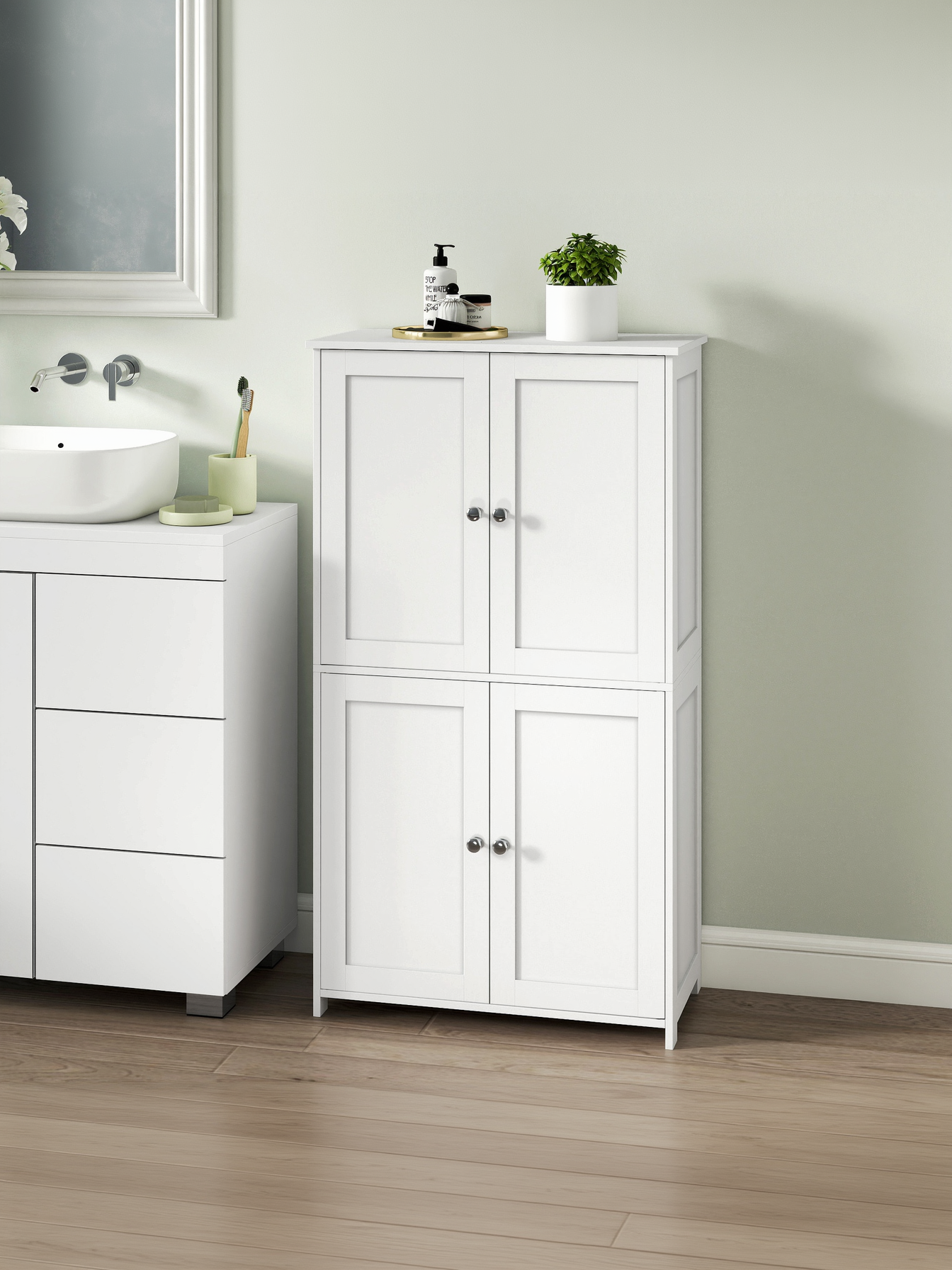 Bathroom Storage Floor Cabinet Organizer with Adjustable Shelf 4 Magnetic Doors 43" Wooden Pantry Cabinet Freestanding for Living Kitchen Room Small Spaces,White