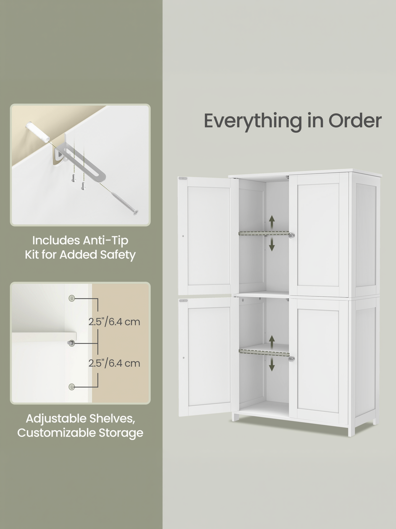 Bathroom Storage Floor Cabinet Organizer with Adjustable Shelf 4 Magnetic Doors 43" Wooden Pantry Cabinet Freestanding for Living Kitchen Room Small Spaces,White
