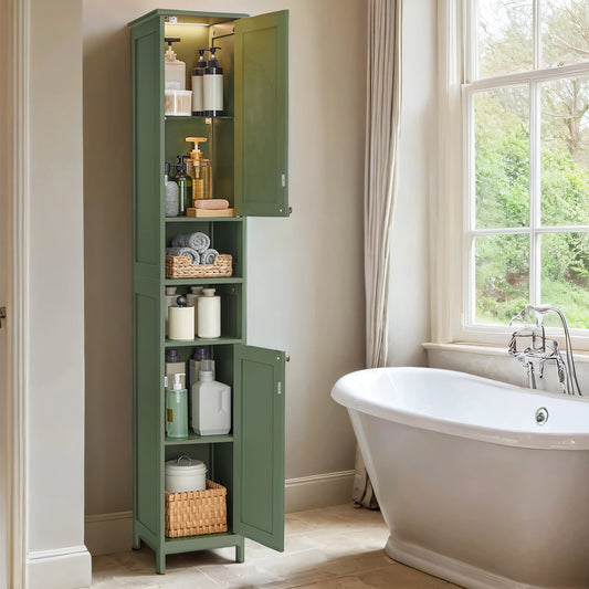Slim LED Bathroom Cabinet - 66.9" Tall Storage with Auto Lights, Adjustable Shelves & Anti-Tip Kit, 11.8" Wide, Forest Green