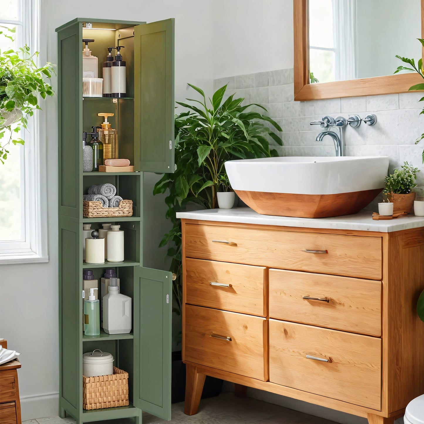 Slim LED Bathroom Cabinet - 66.9" Tall Storage with Auto Lights, Adjustable Shelves & Anti-Tip Kit, 11.8" Wide, Forest Green