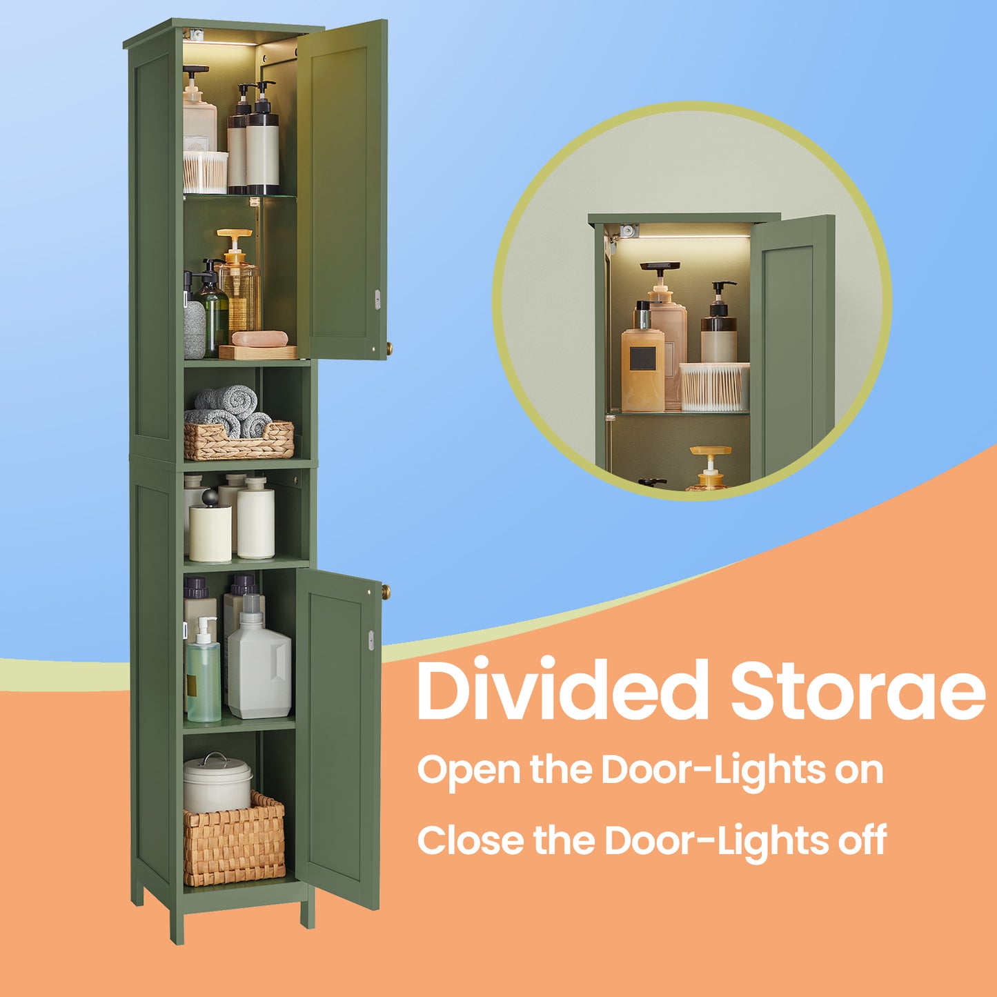 Slim LED Bathroom Cabinet - 66.9" Tall Storage with Auto Lights, Adjustable Shelves & Anti-Tip Kit, 11.8" Wide, Forest Green