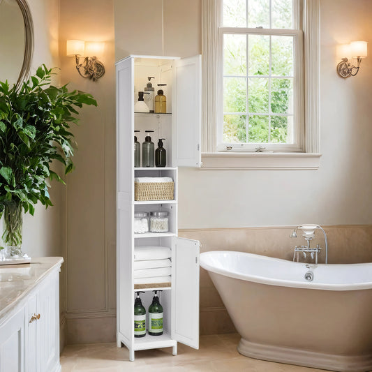 Slim LED Bathroom Cabinet - Freestanding Storage with Auto Lights, Adjustable Shelves & Anti-Tip Kit, 11.8" Wide, Cloud White