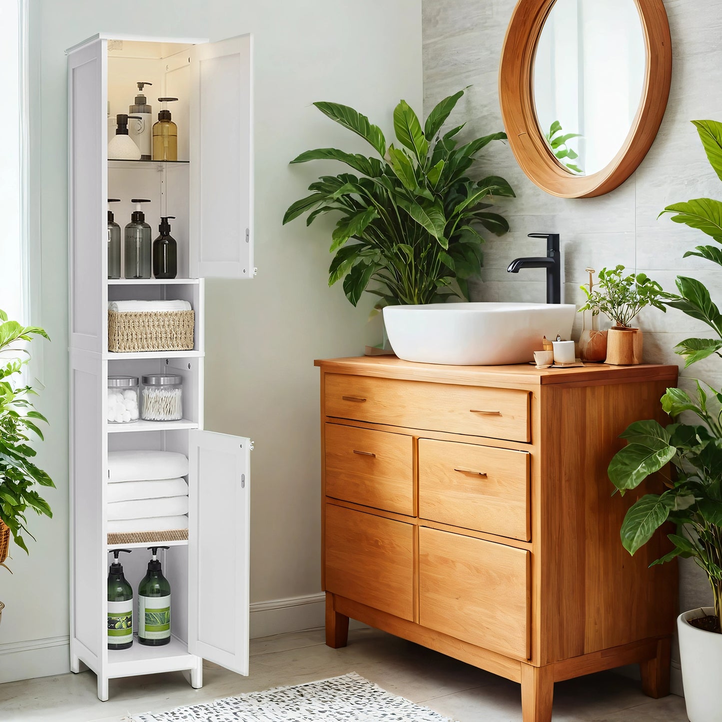 Slim LED Bathroom Cabinet - Freestanding Storage with Auto Lights, Adjustable Shelves & Anti-Tip Kit, 11.8" Wide, Cloud White