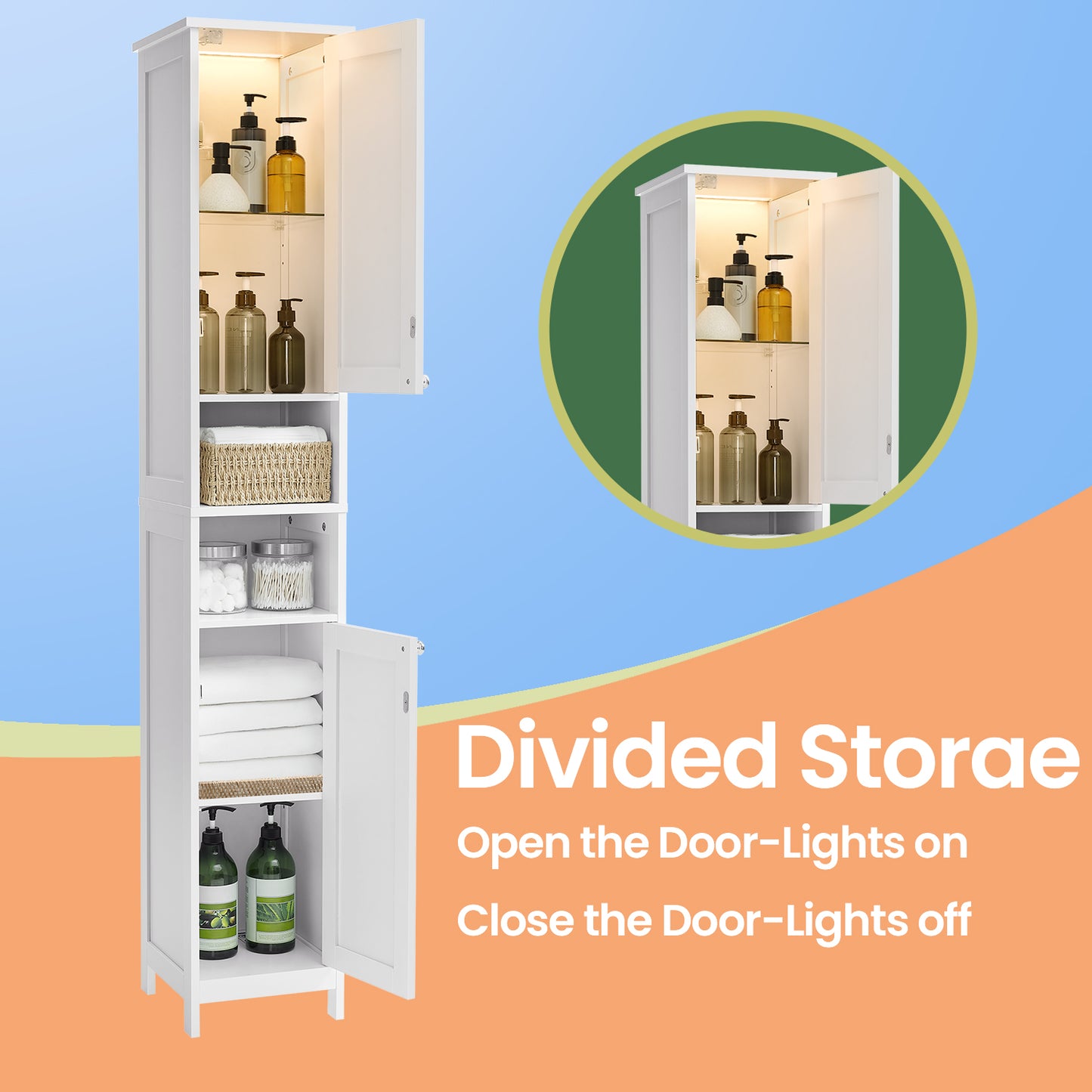 Slim LED Bathroom Cabinet - Freestanding Storage with Auto Lights, Adjustable Shelves & Anti-Tip Kit, 11.8" Wide, Cloud White