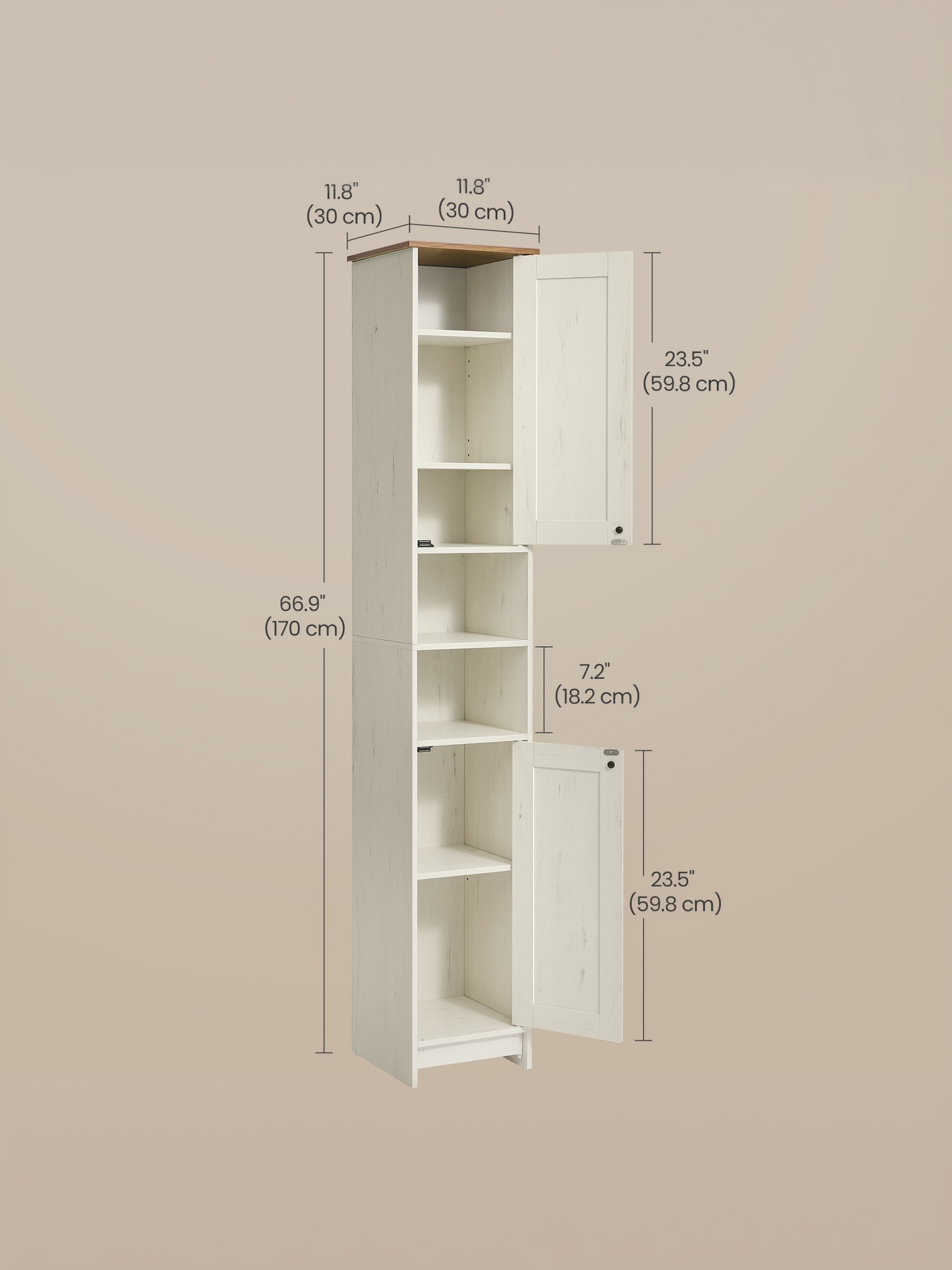 66.9-Inch Tall Storage Cabinet with Toolless Assembly, Slim Narrow Cabinet with Adjustable Shelves & Open Compartments, for Bathroom, Living Room, Rustic White