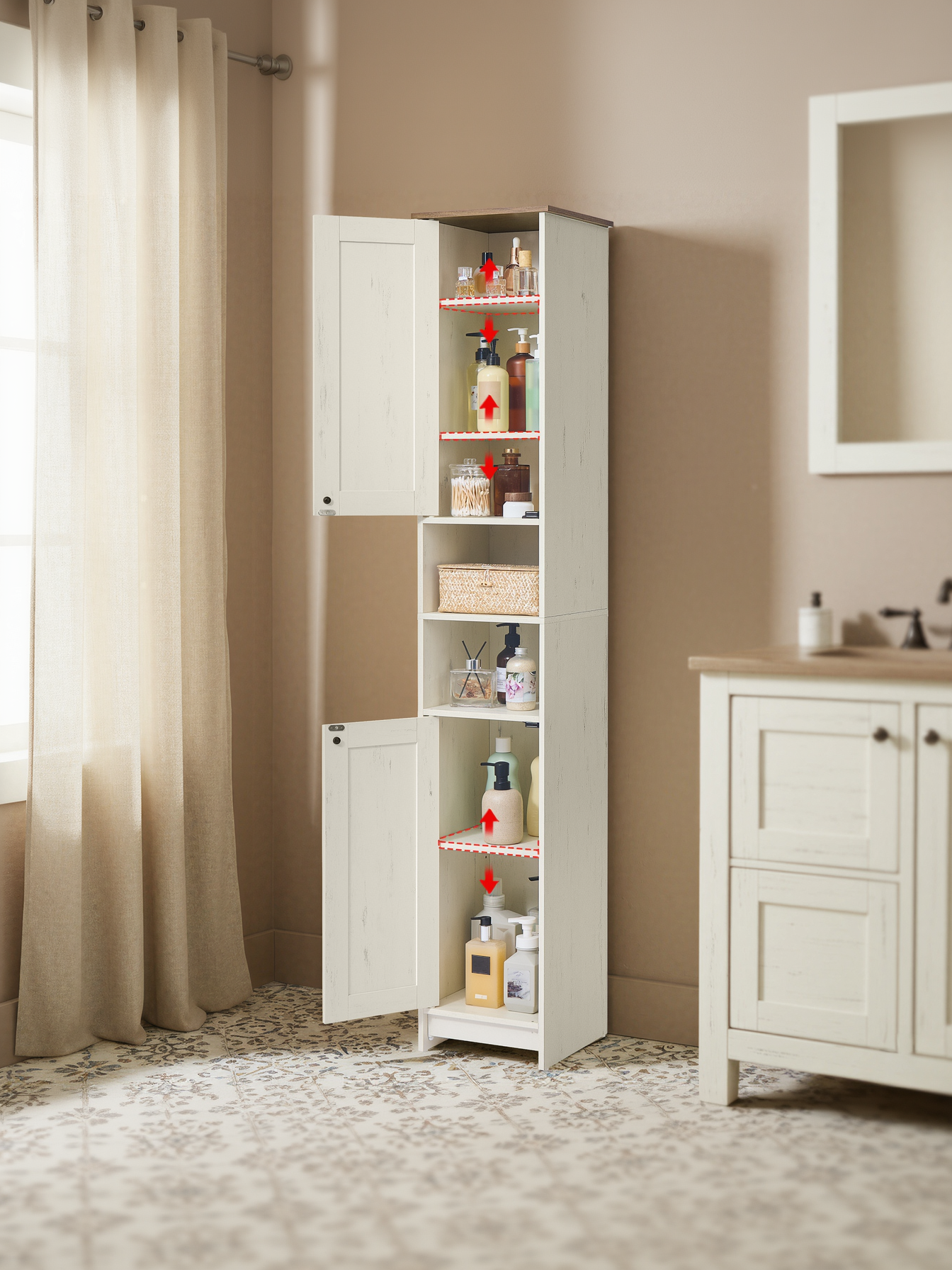 66.9-Inch Tall Storage Cabinet with Toolless Assembly, Slim Narrow Cabinet with Adjustable Shelves & Open Compartments, for Bathroom, Living Room, Rustic White