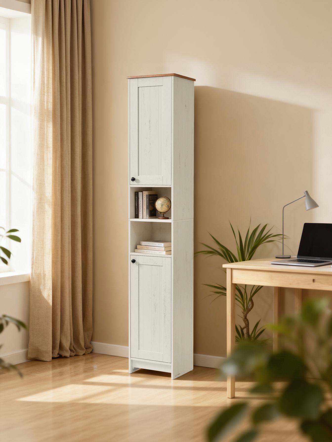 66.9-Inch Tall Storage Cabinet with Toolless Assembly, Slim Narrow Cabinet with Adjustable Shelves & Open Compartments, for Bathroom, Living Room, Rustic White