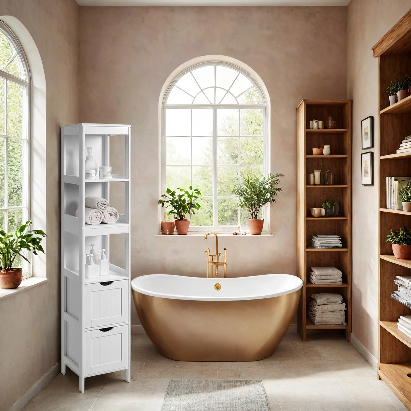 Storage Cabinet with 2 Drawers and Open Shelf, Multifunctional Freestanding Corner Storage Rack for Bathroom, Living Room, Bedroom, White