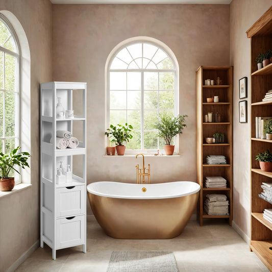 Storage Cabinet with 2 Drawers and Open Shelf, Multifunctional Freestanding Corner Storage Rack for Bathroom, Living Room, Bedroom, White