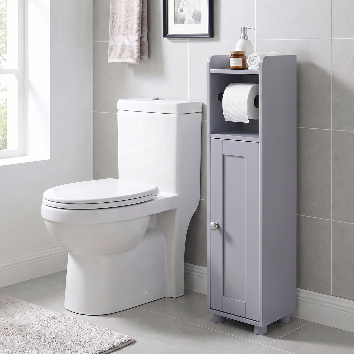 Bathroom Storage Cabinet, Slim Freestanding Cabinet with Door, Tool-Free Assembly, 7.9 x 7.9 x 31.9 inches, Gray