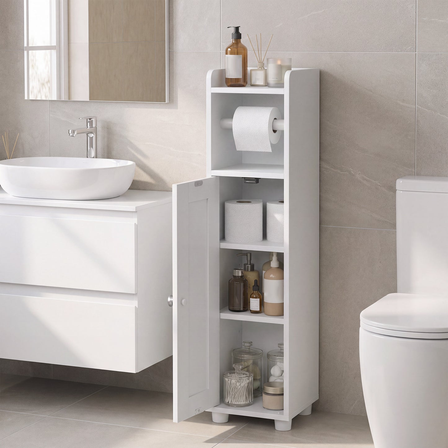 Bathroom Storage Cabinet, Slim Freestanding Cabinet with Door, Tool-Free Assembly, 7.9 x 7.9 x 31.9 inches, Cloud White