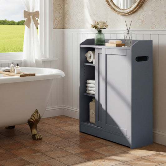 Narrow Floor Storage Cabinet, 23.6 Inch Slim Organizer with Sliding Doors & Toilet Paper Holder, Adjustable Shelves for Bathroom Living Room, Dove Gray