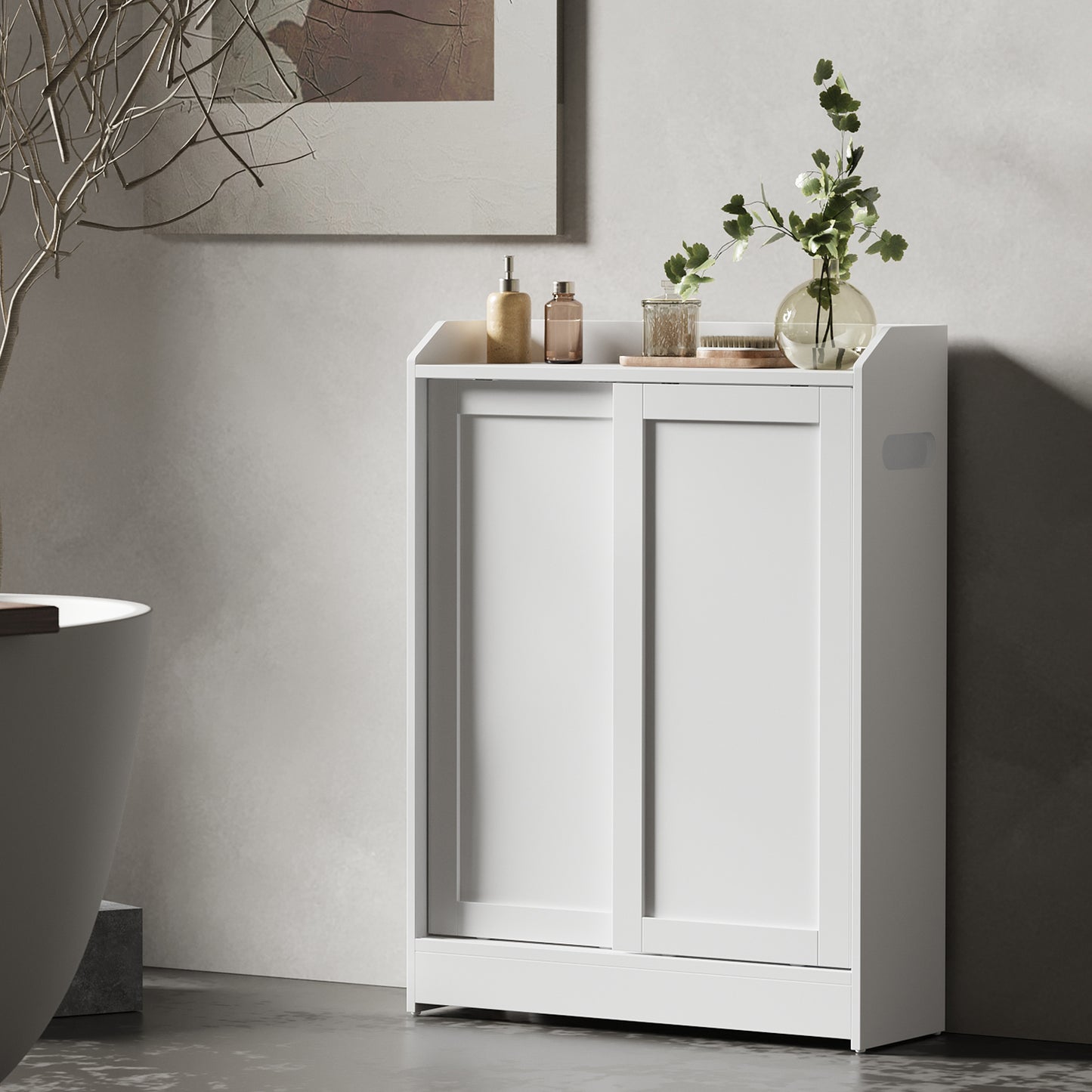 Narrow Storage Cabinet with Sliding Doors, Adjustable Shelves, Toilet Paper Holder and Brush Compartment, Slim Floor Unit for Bathroom and Living Room, Cloud White