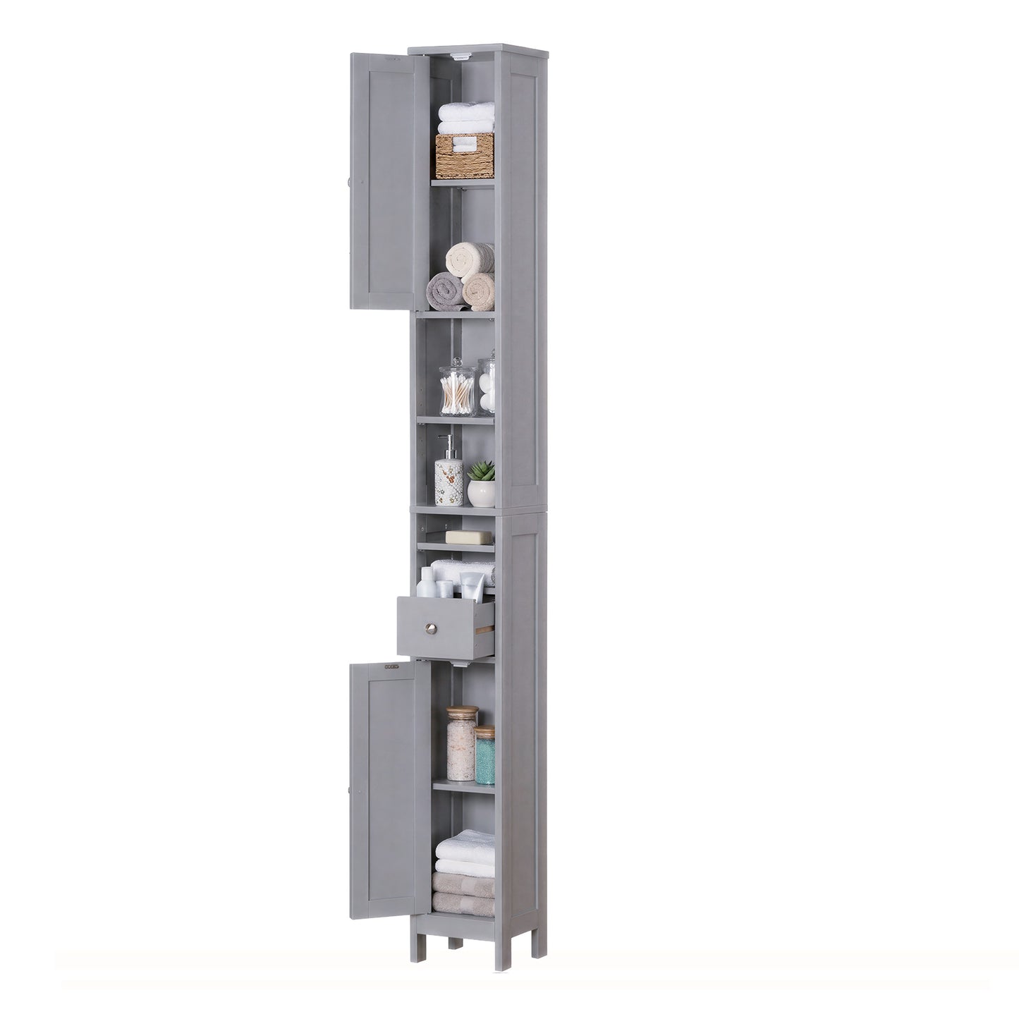 Slim Tall Bathroom Cabinet with 5-Level Adjustable Shelves, Freestanding Storage Unit with Drawer and Open Compartments, Dove Gray