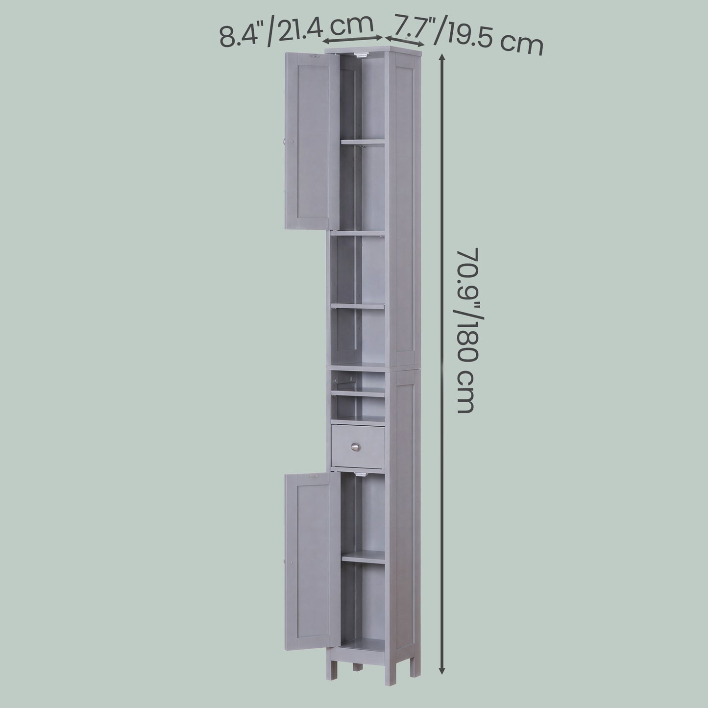 Slim Tall Bathroom Cabinet with 5-Level Adjustable Shelves, Freestanding Storage Unit with Drawer and Open Compartments, Dove Gray