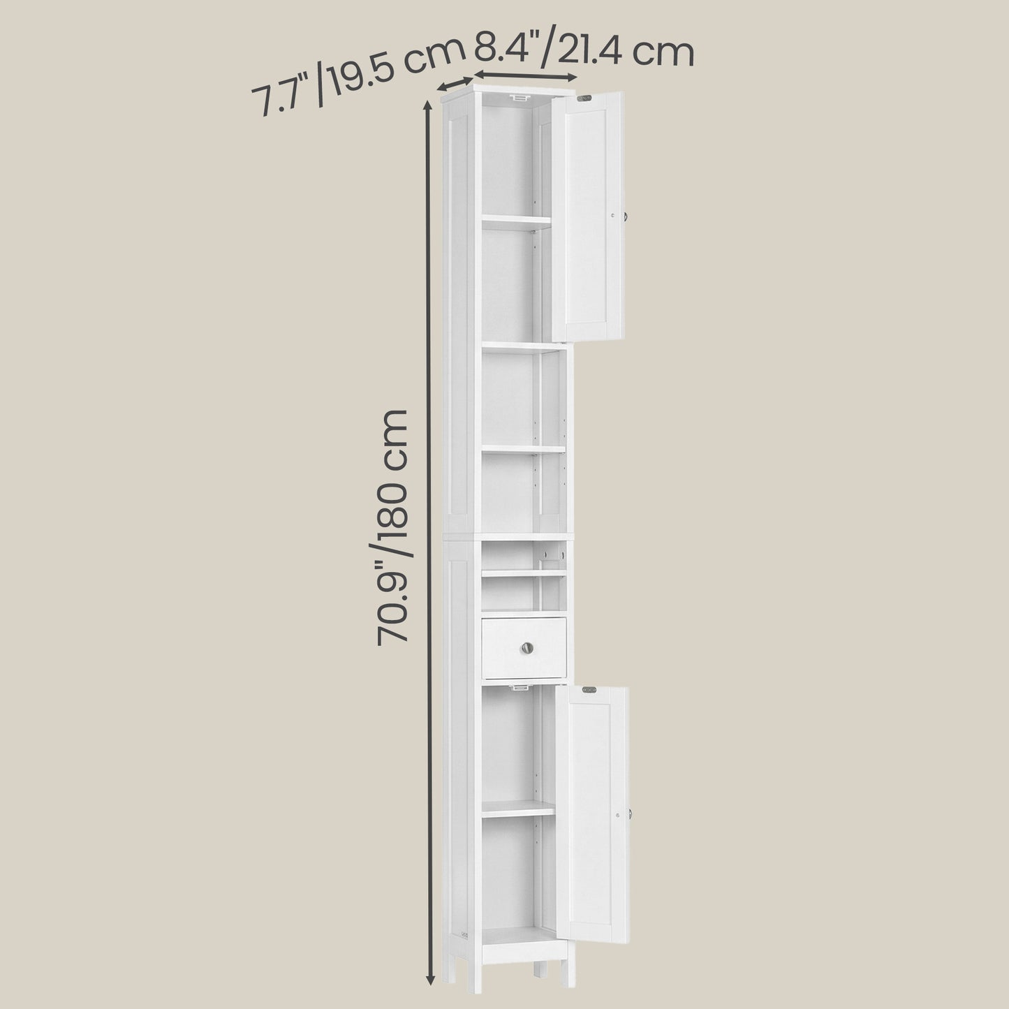 Slim Tall Bathroom Cabinet with 5-Position Adjustable Shelves, Freestanding Storage Unit with Drawer and Open Compartments, Cloud White