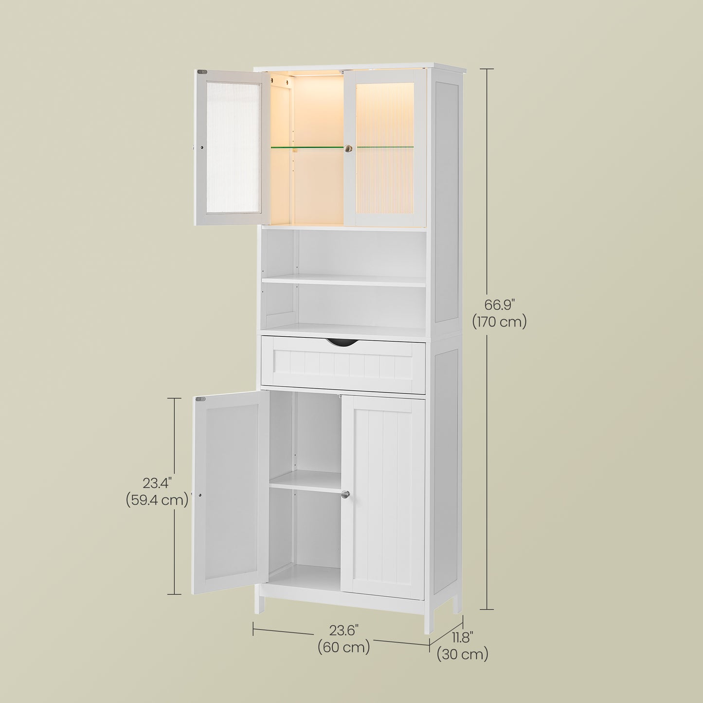 Freestanding Storage Cabinet with LED Light, Adjustable Shelves and Drawer, for Bathroom Kitchen Living Room, Cloud White