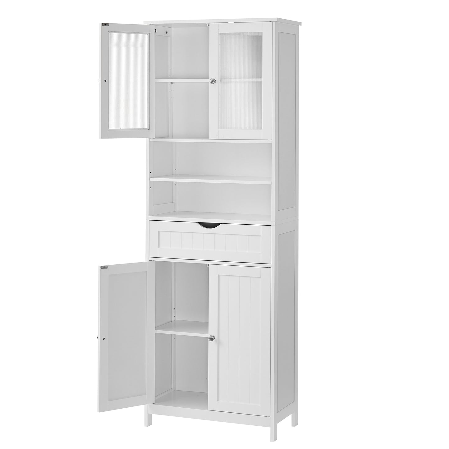Storage Cabinet with Drawer, Adjustable Shelves, Open Compartments and Acrylic Doors, Freestanding Floor Storage Unit for Bathroom, Living Room, Kitchen, Cloud White
