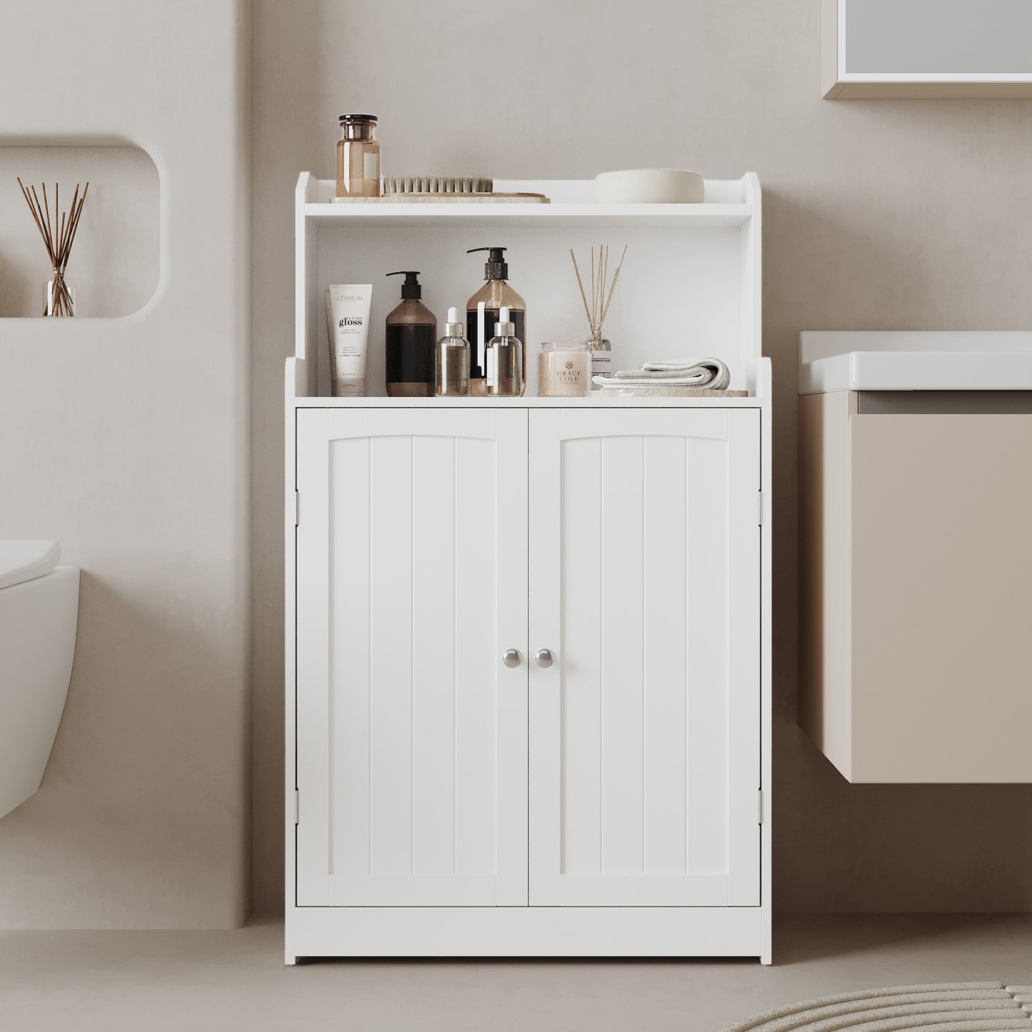 39.4 Inch Tall Storage Cabinet, Freestanding Floor Organizer with 2 Doors & Adjustable Shelves, for Bathroom Kitchen Living Room, Cloud White
