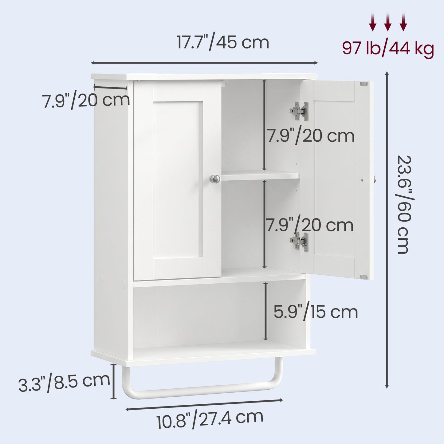 Wall Mounted Bathroom Storage Cabinet with 2 Doors and Open Shelf, 17.7 x 7.9 x 23.6 inches, White