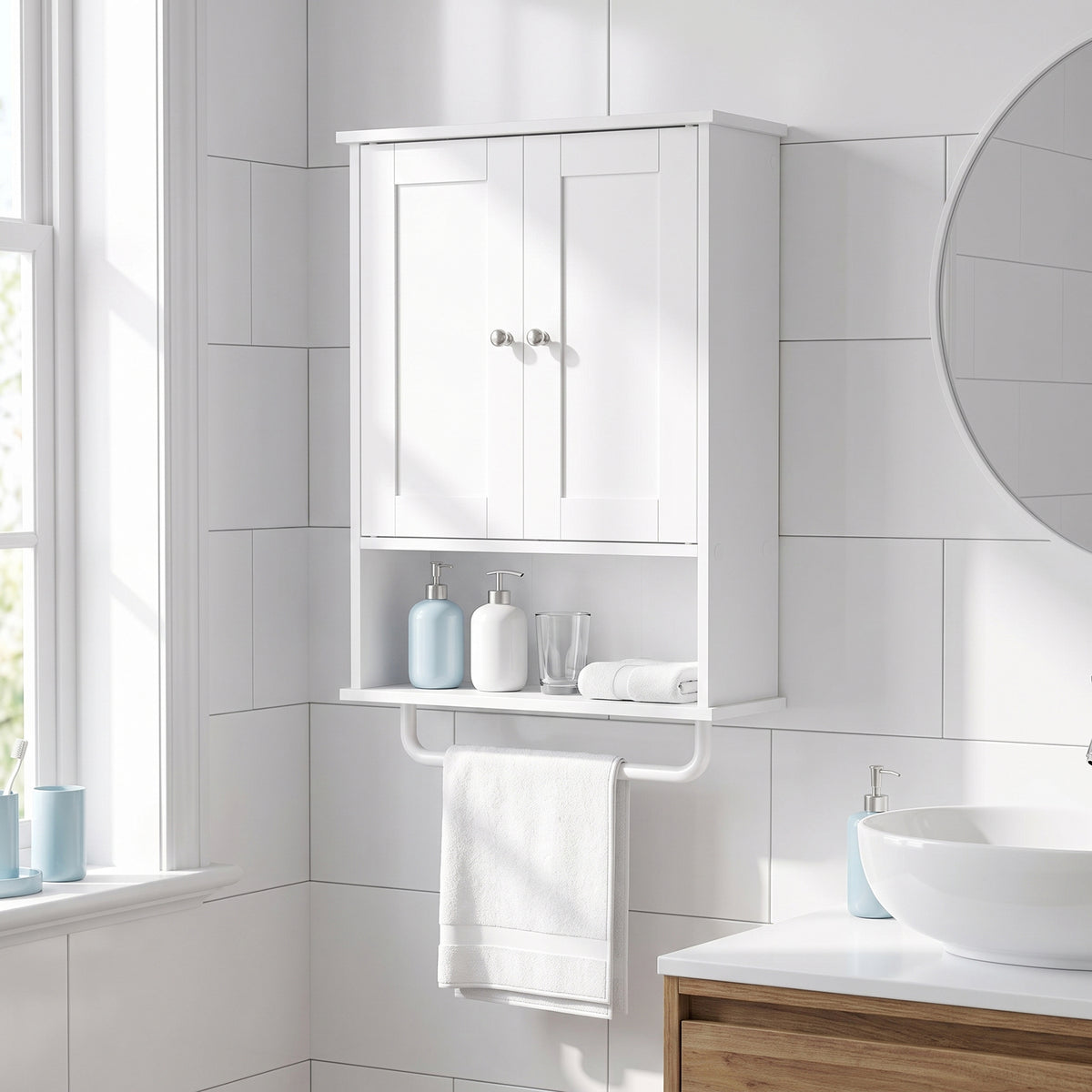 Wall Mounted Bathroom Storage Cabinet with 2 Doors and Open Shelf, 17.7 x 7.9 x 23.6 inches, White
