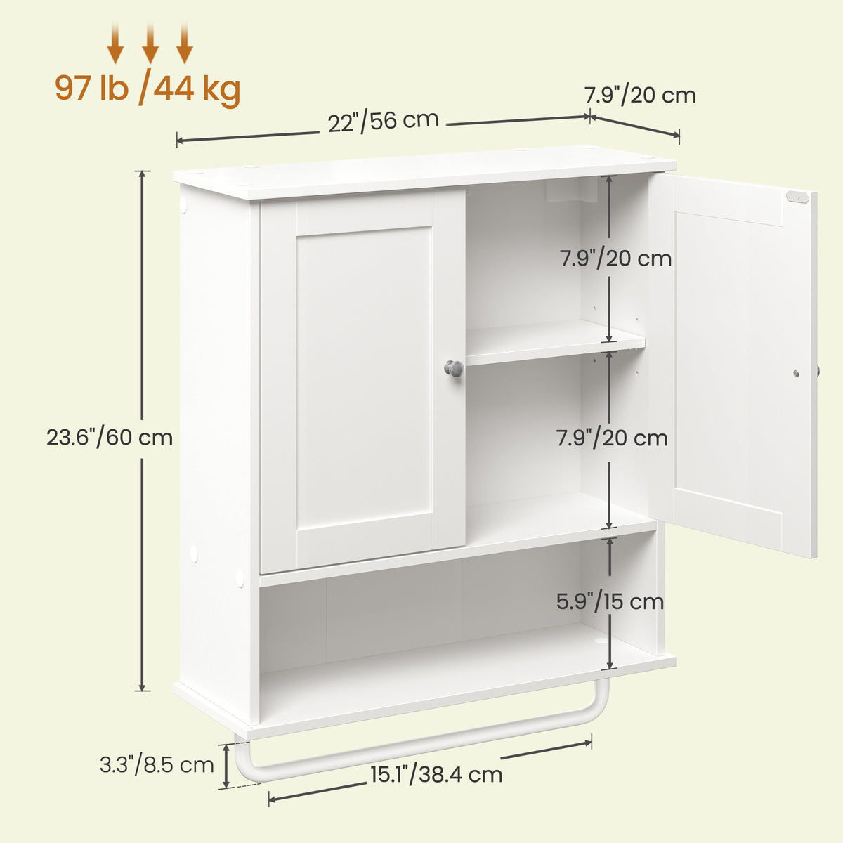 Wall Mounted Bathroom Storage Cabinet with 2 Doors and Open Shelf, 22 x 7.9 x 23.6 inches, White
