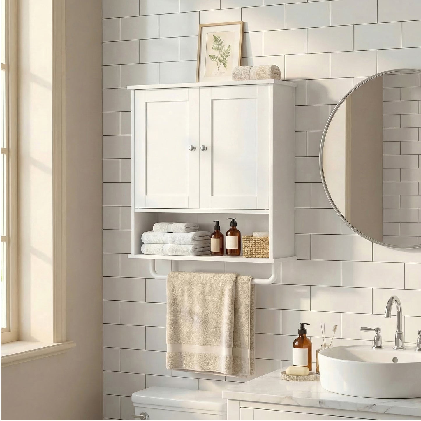 Wall Mounted Bathroom Storage Cabinet with 2 Doors and Open Shelf, 22 x 7.9 x 23.6 inches, White