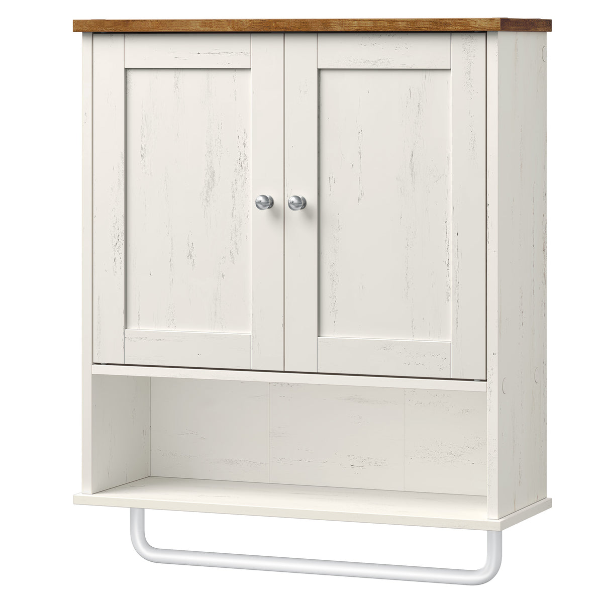 LEDREM Wall Cabinet with 4 Adjustable Shelves and Doors, Medicine Storage Organizer, for Bathroom, White and Tan