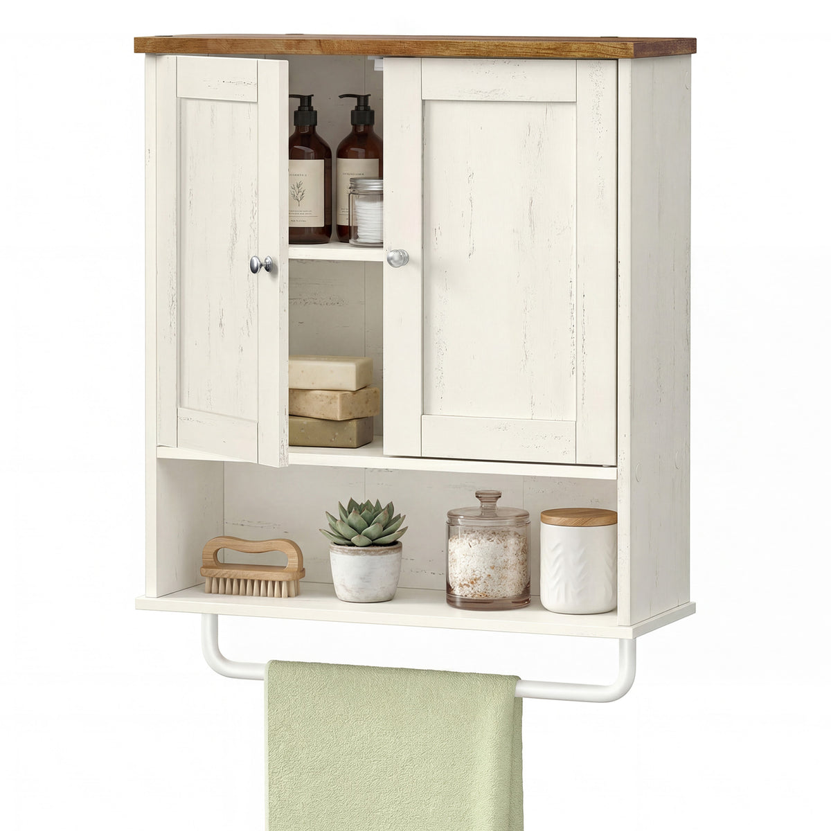 LEDREM Wall Cabinet with 4 Adjustable Shelves and Doors, Medicine Storage Organizer, for Bathroom, White and Tan