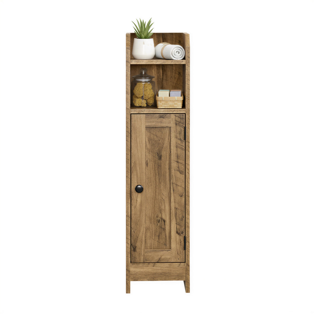 LEDREM Corner Bathroom Cabinet with Door and Adjustable Shelves, Narrow Storage Organizer for Toilet Paper, Brown