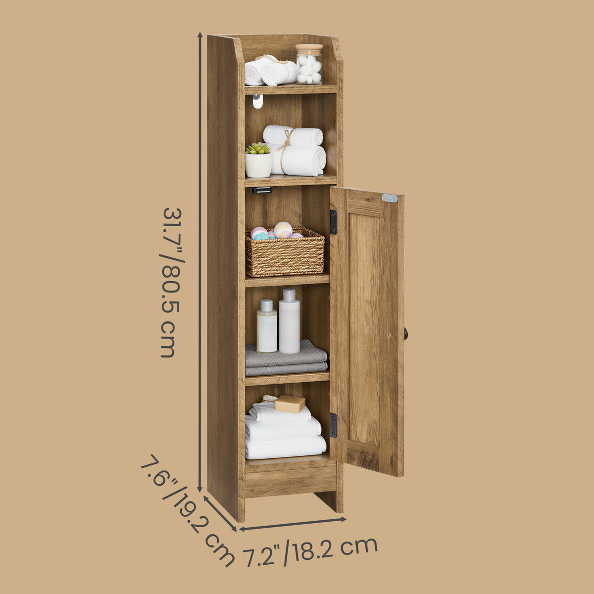 LEDREM Corner Bathroom Cabinet with Door and Adjustable Shelves, Narrow Storage Organizer for Toilet Paper, Brown
