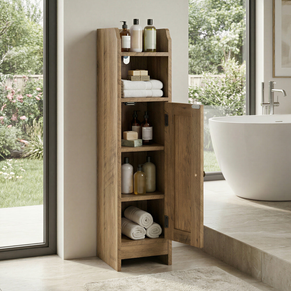 LEDREM Corner Bathroom Cabinet with Door and Adjustable Shelves, Narrow Storage Organizer for Toilet Paper, Brown