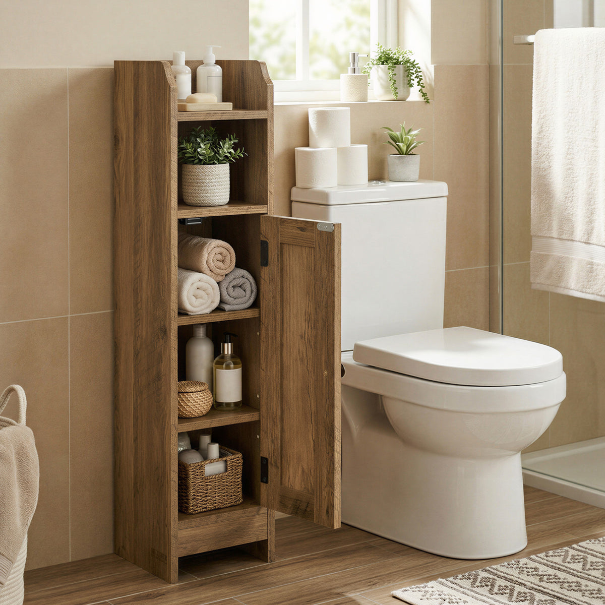 LEDREM Corner Bathroom Cabinet with Door and Adjustable Shelves, Narrow Storage Organizer for Toilet Paper, Brown
