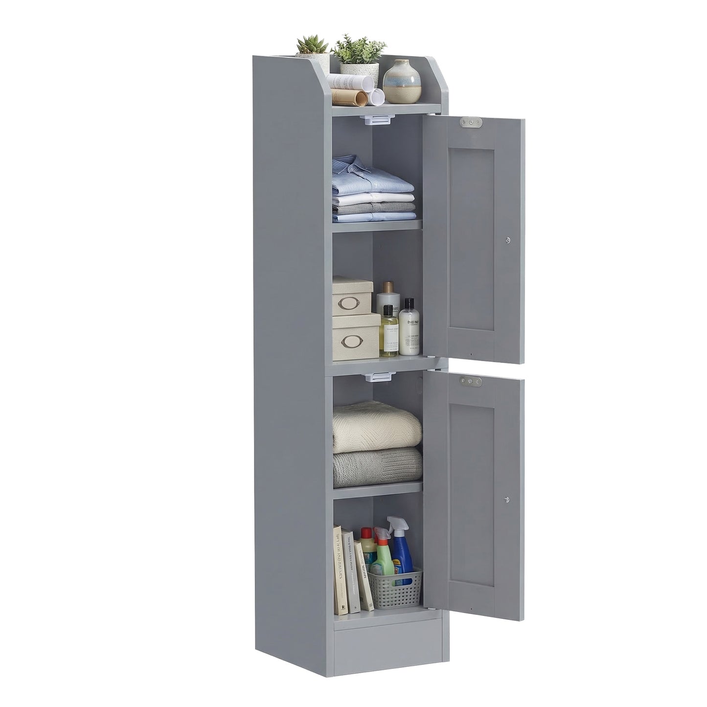 Slim Storage Cabinet with Reversible Doors, Narrow Corner Floor Cabinet, Small Farmhouse Organizer, Adjustable Shelves, Dove Gray