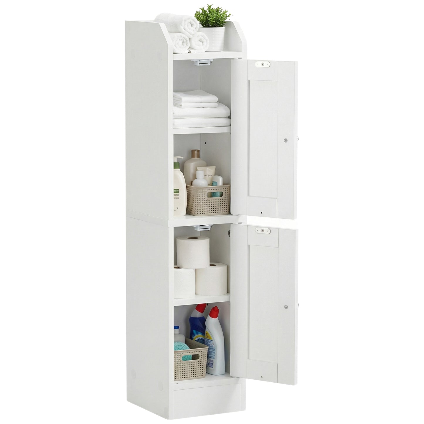 Slim Storage Cabinet with Reversible Doors, Narrow Corner Floor Cabinet, Small Farmhouse Organizer, Adjustable Shelves, Cloud White