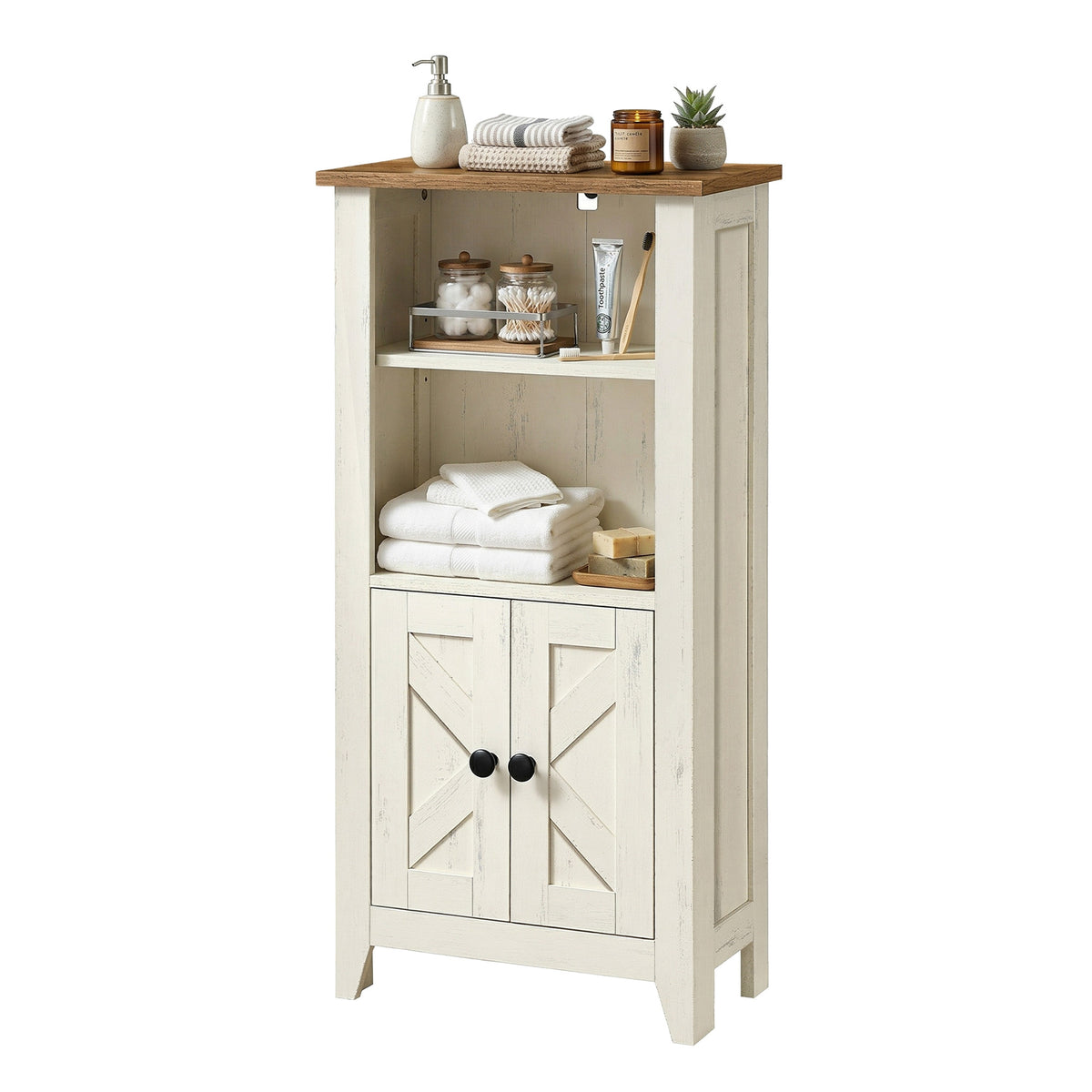 Farmhouse Storage Cabinet, Freestanding Kitchen Pantry with 2 Doors and 2 Open Compartments, 15.7 x 8.5 x 33.7 inches, Rustic White and Honey Brown