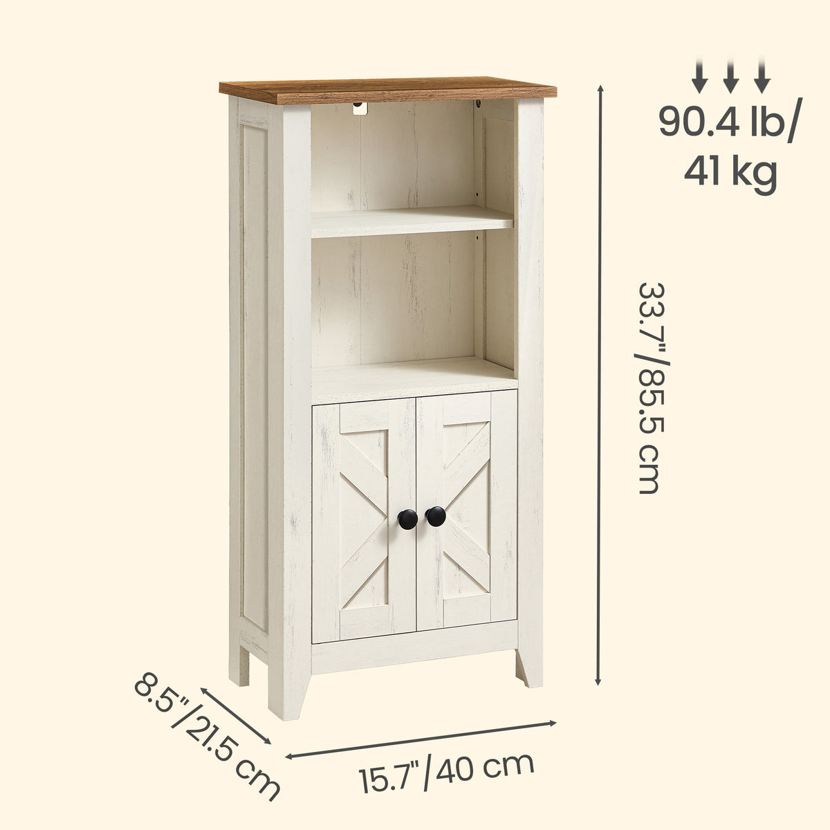 Farmhouse Storage Cabinet, Freestanding Kitchen Pantry with 2 Doors and 2 Open Compartments, 15.7 x 8.5 x 33.7 inches, Rustic White and Honey Brown