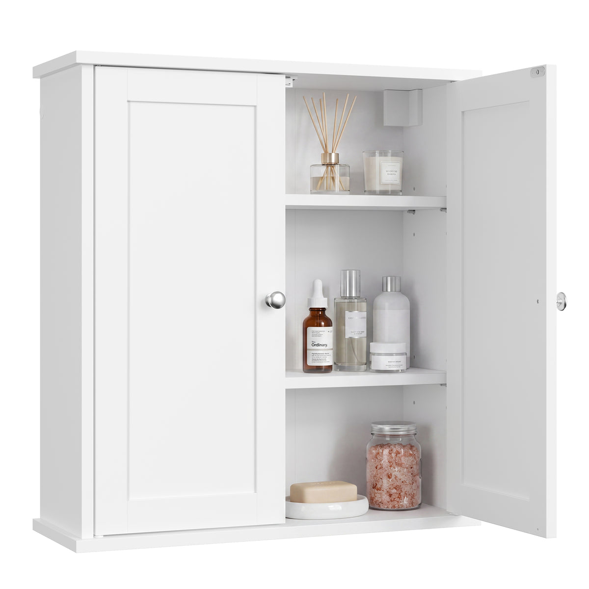 LEDREM Wall Cabinet with 2 Adjustable Shelves and Doors, Medicine Storage Organizer, for Bathroom, White