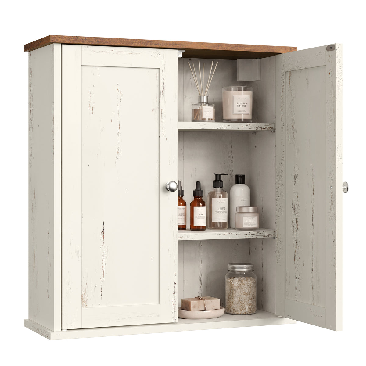 Wall Mounted Bathroom Storage Cabinet with 2 Doors and Open Shelf, 22 x 7.9 x 23.6 inches, White