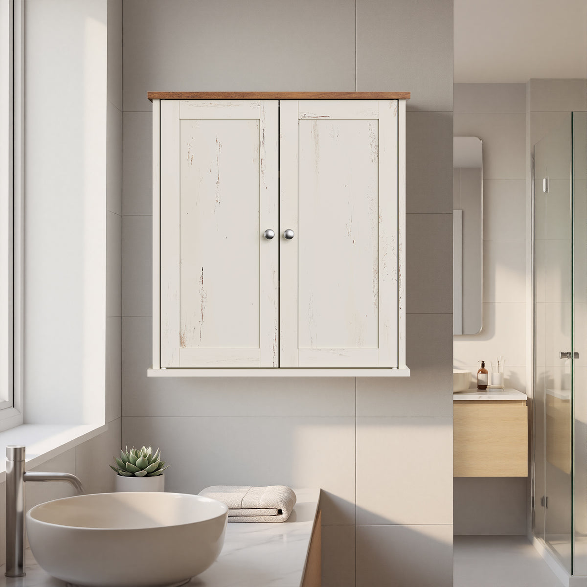 Wall Mounted Bathroom Storage Cabinet with 2 Doors and Open Shelf, 22 x 7.9 x 23.6 inches, White