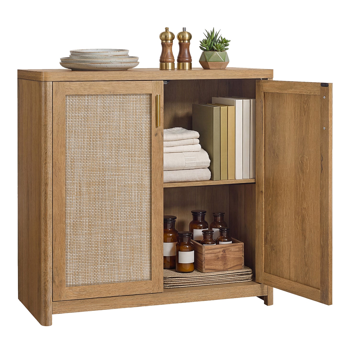 Boho Buffet Cabinet, Sideboard Storage with Rattan-Look Doors, Adjustable Shelf, Rounded Corners, for Kitchen Dining Room, Natural Brown